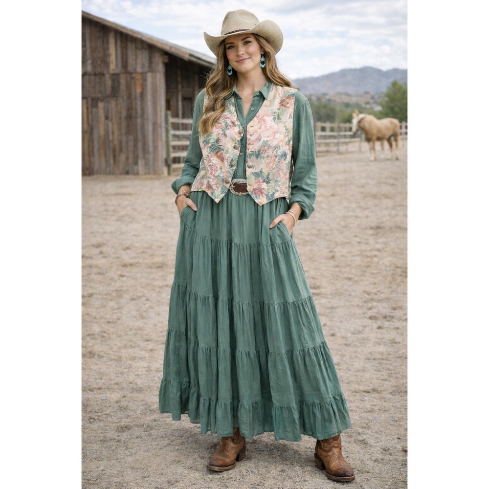 VTG 80's Western Prairie Outfit XL Longhorn Niver Western Wear Floral Vest Rodeo